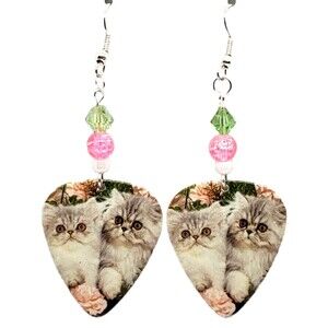 Persian CATS Kittens on Guitar Pick Beaded Earrings - Handmade in USA New